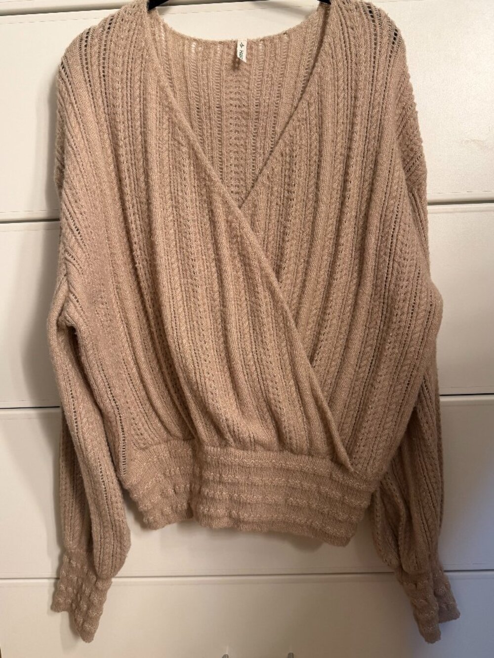 Halara Taupe/Soft Pink Open Knit Surplice Wrap Sweater Balloon Sleeve, Size L